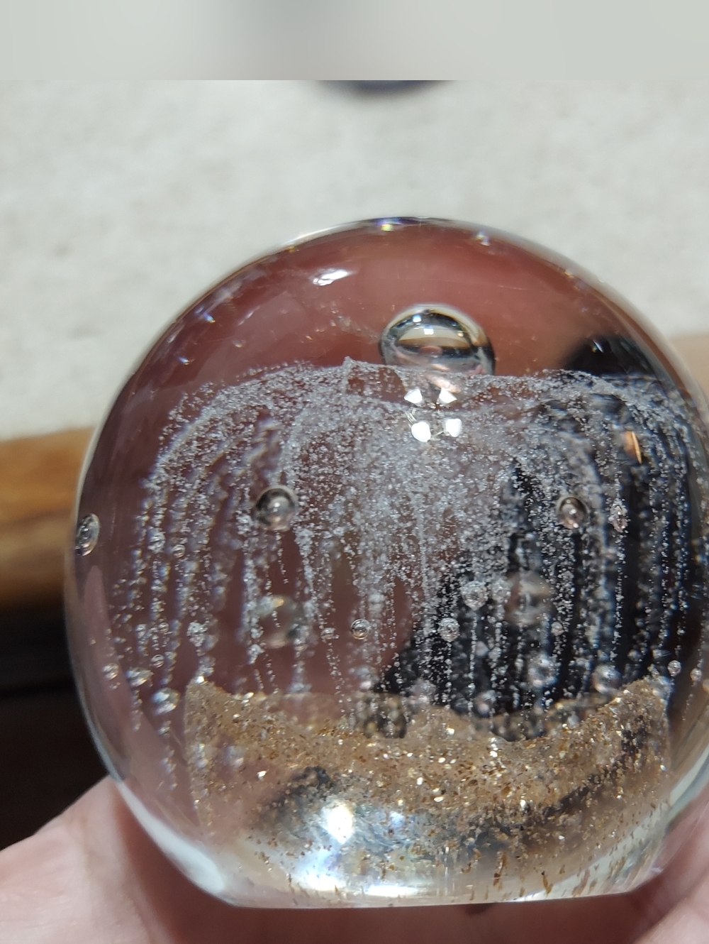 Glass Paperweight with Gold Sand and Bubbles